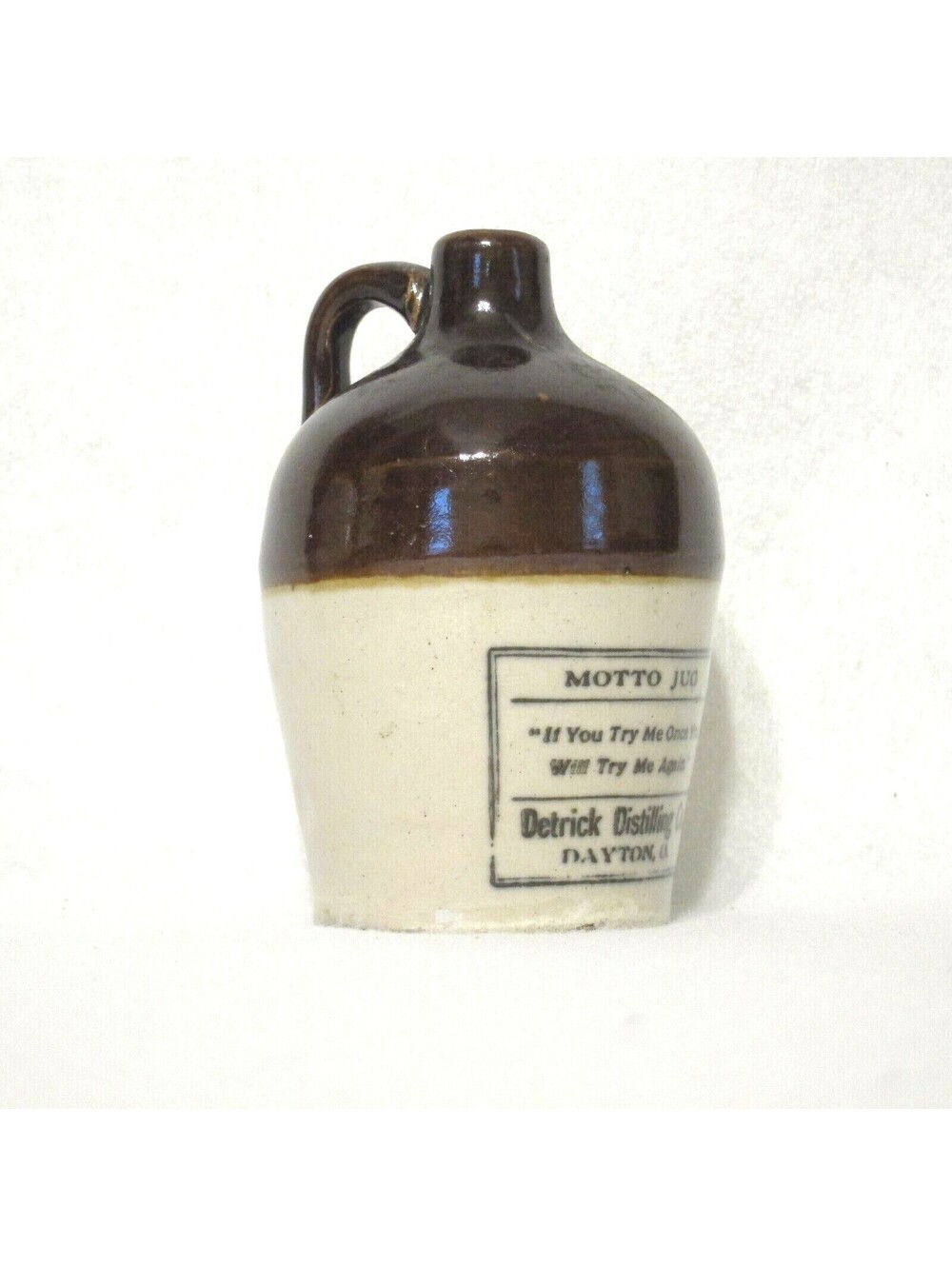 Antique Detrick Distilling Co. Motto Jug Whiskey Bottle If You Try Me Once RARE